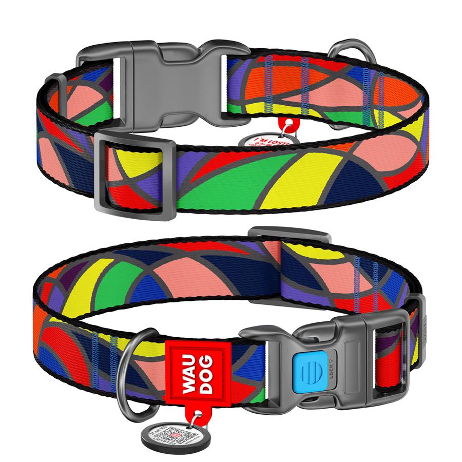 Ошейник для собак с QR-паспортом Waudog Nylon Витраж пластиковый фастекс 15 мм 25-35 см Разноцветный (4576)