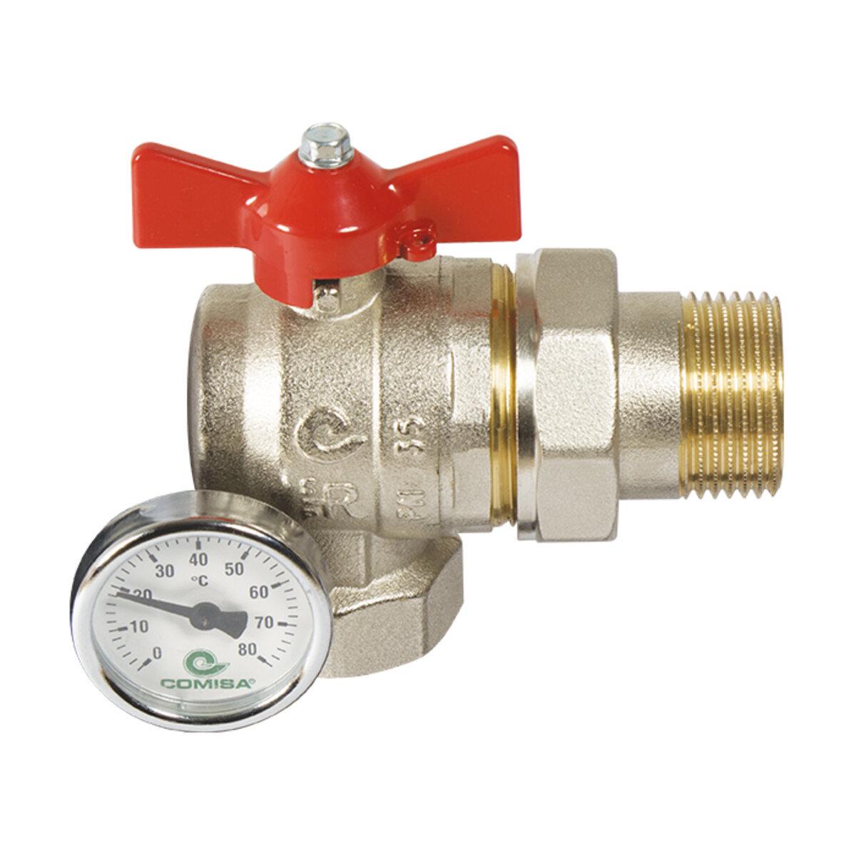 Кран шаровой угловой COMISA ЗВ с термометром 1" (41.31.779)