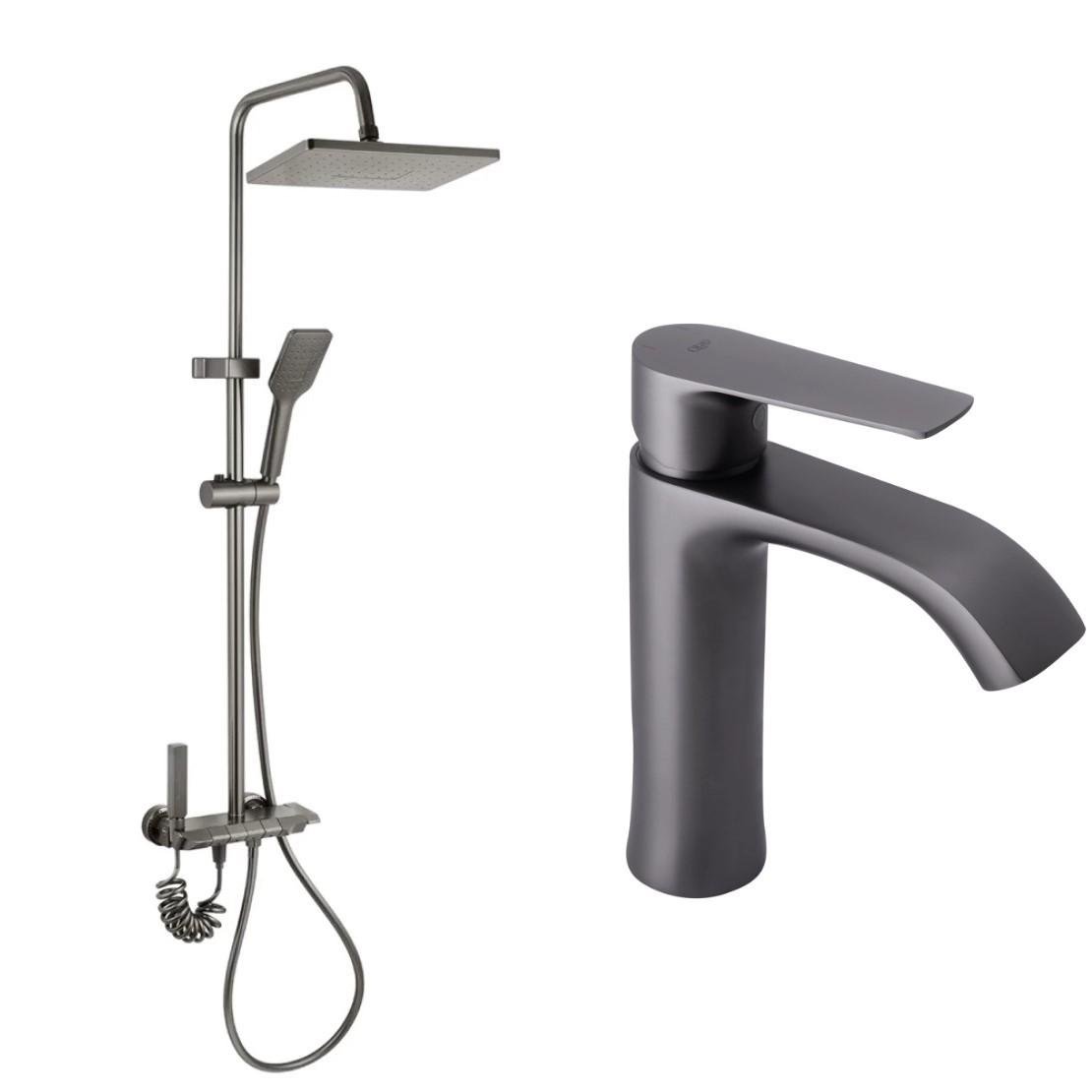 Система душевая Qtap Agua Acero-Avion 04354AM и смеситель Želnava 1050101G для умывальника Графитовый