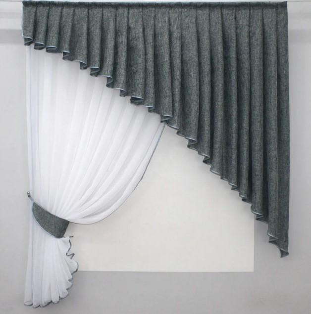 Комплект шторы/ламбрекен на кухню лен 150х170 см Белый/Серый (039к)