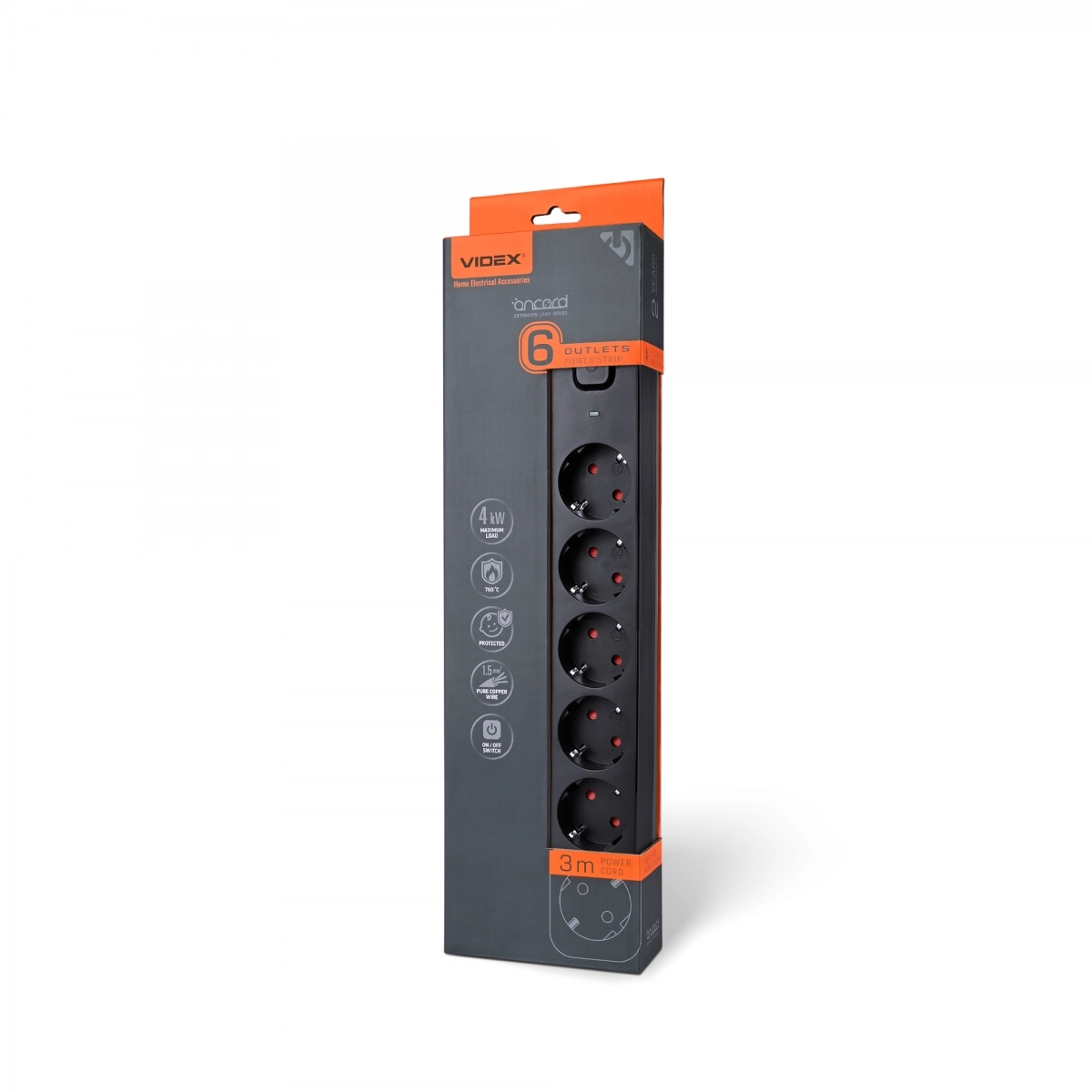 Подовжувач мережевий VIDEX ONCORD з/з 6п з кнопкою 3 м 3x1,5 мм Black (VF-PD63G-B)