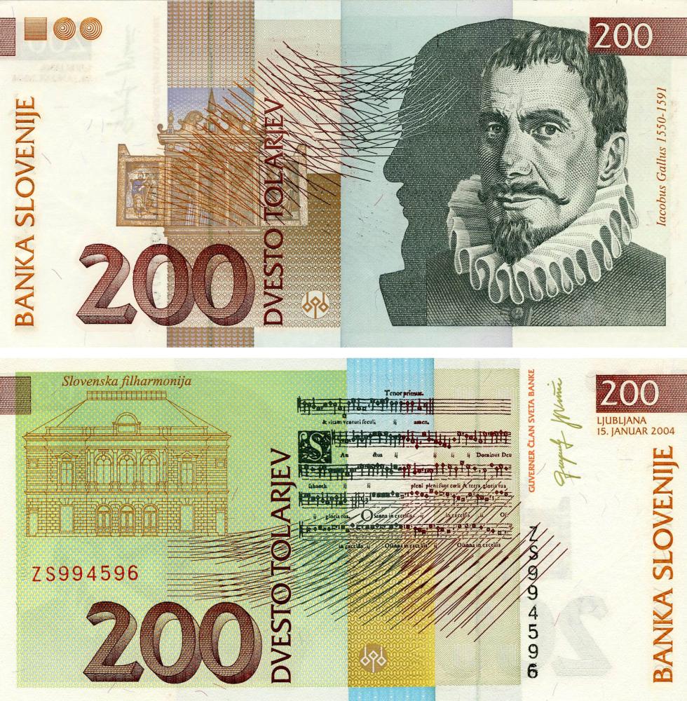 Коллекционная банкнота Словения 200 толаров 2004 UNC (P15d)