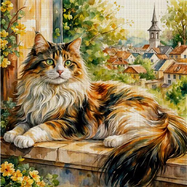 Набор для вышивки крестом JOZYSH Рыжий Мэйн-кун на фоне города 14CT канва Аида с нанесенным рисунком 40х40 см (2978740695)