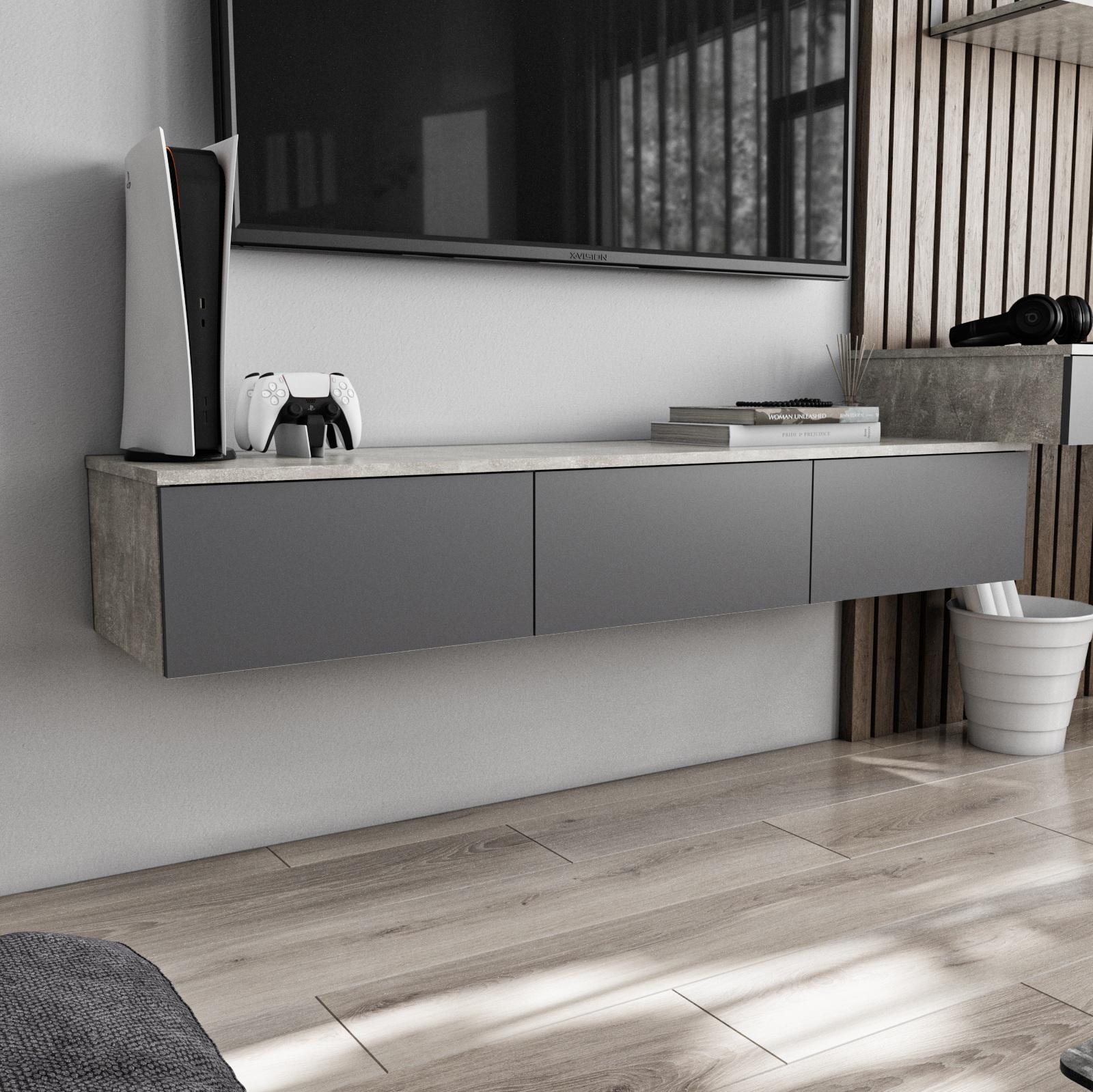 Тумба під телевізор підвісна 1500x242x360 мм Бетон/Антрацитовий (mt-221-bt-an)