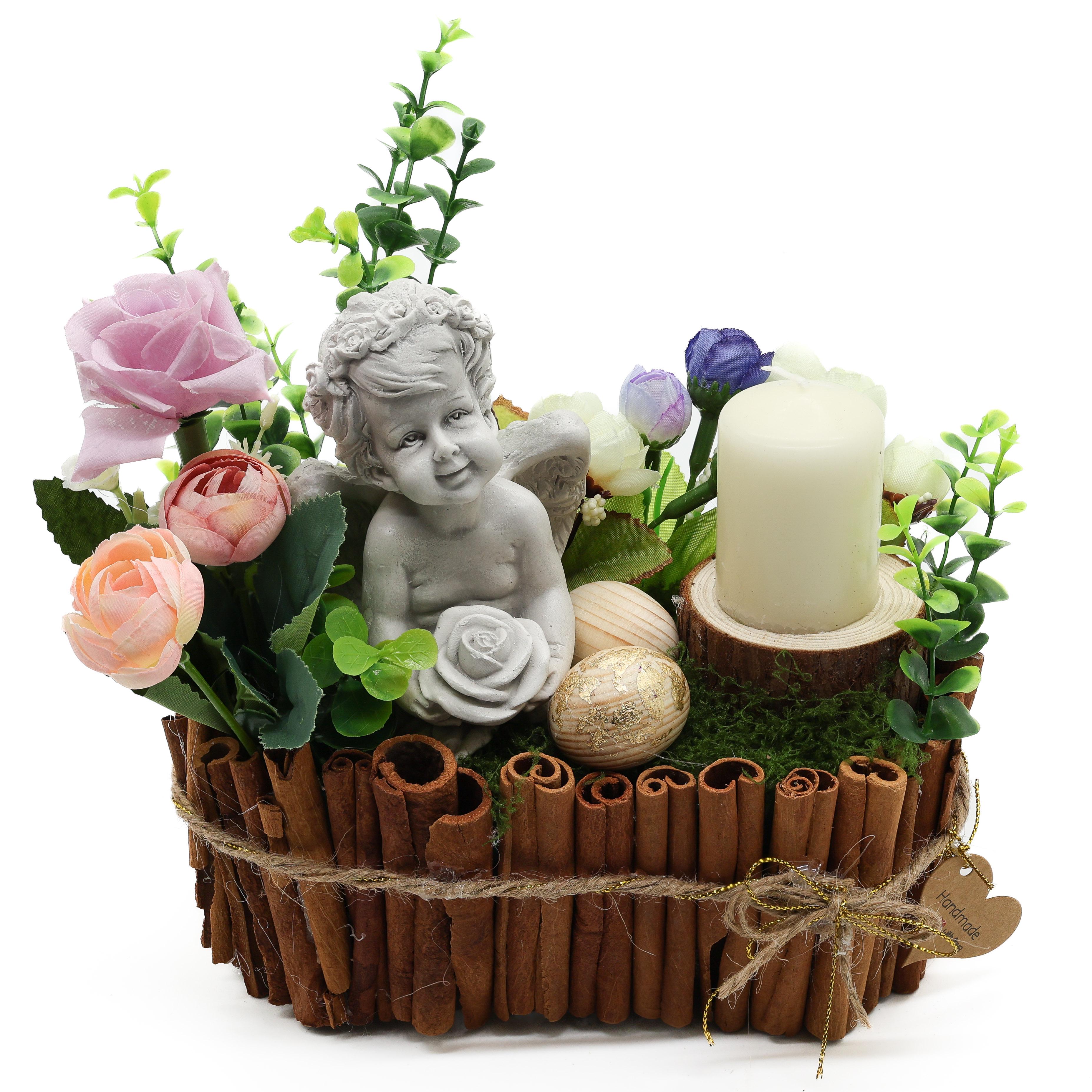Компоиция пасхальная интерьерная композиция GALA DECOR в кашпо из корицы Ангел Хранитель со свечой и писанками 20х17 см