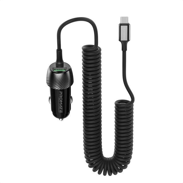 Автомобильное зарядное устройство Promate PowerDrive-33PDC 33 Вт USB-C кабель USB-A порт Black