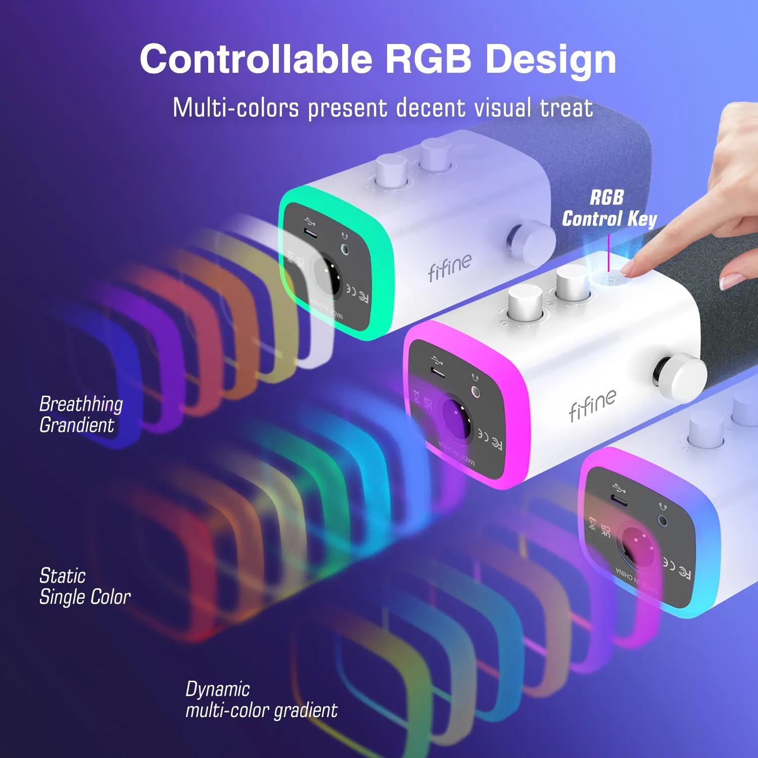 Микрофон динамический Fifine AМ8 USB/XLR с разъемом для наушников и записью потоковых игр RGB White (AМ8-W) - фото 5