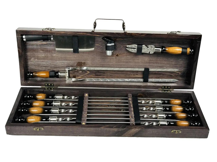 Набор шампуров с аксессуарами Орион из нержавеющей стали из 12 предметов в деревянном кейсе Коричневый (146-10-KS-7609)