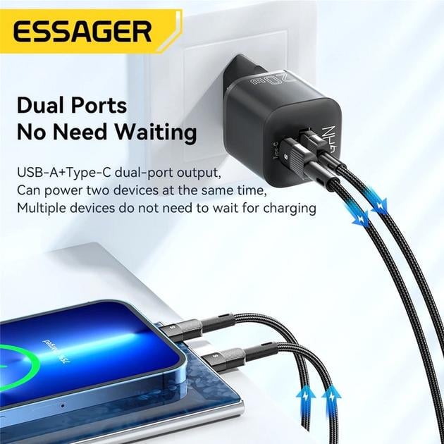 Зарядное устройство Essager Camber 20W GaN Travel Phone Charger USB A Type C EU Black (ECTAC-HMB01-P) - фото 3 Зарядное устройство Essager Camber 20W GaN Travel Phone Charger USB A Type C EU Black (ECTAC-HMB01-P) - фото 3