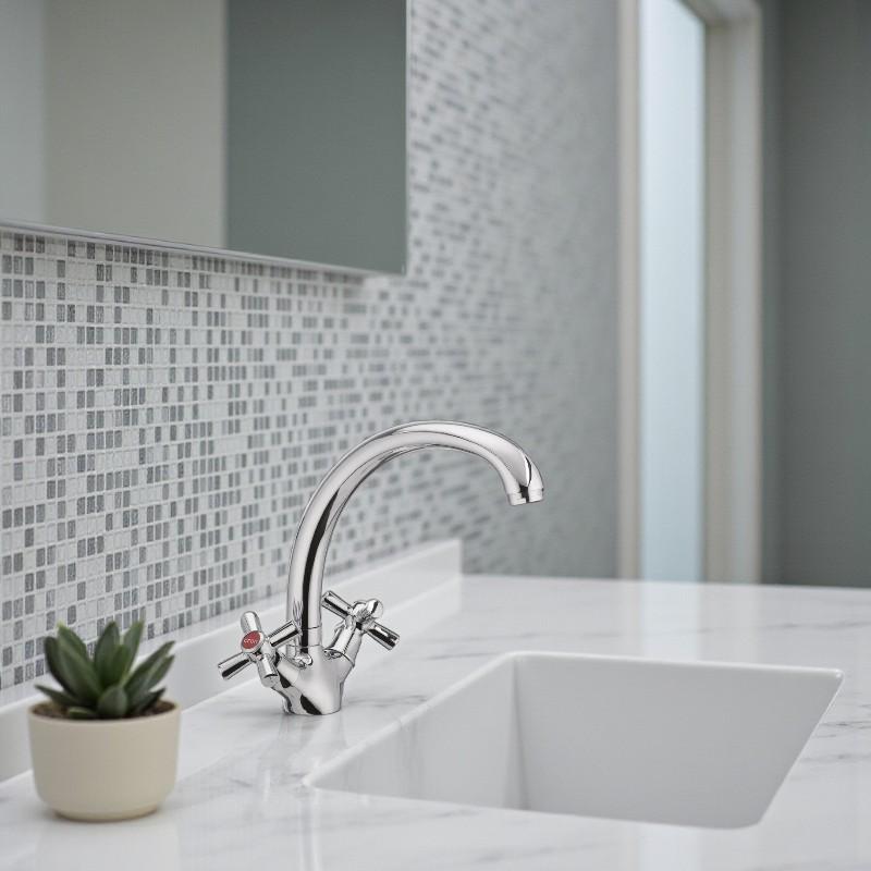 Смеситель для кухни Cron POLO-273 с высоким изливом двухвентильный цинковый сплав Хром (b-CR0212) - фото 5