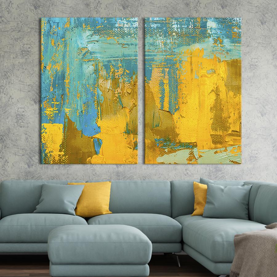 Настенный декор диптих картина на холсте для интерьера Абстракция жёлто-голубого цвета 165x122 см (15-2)