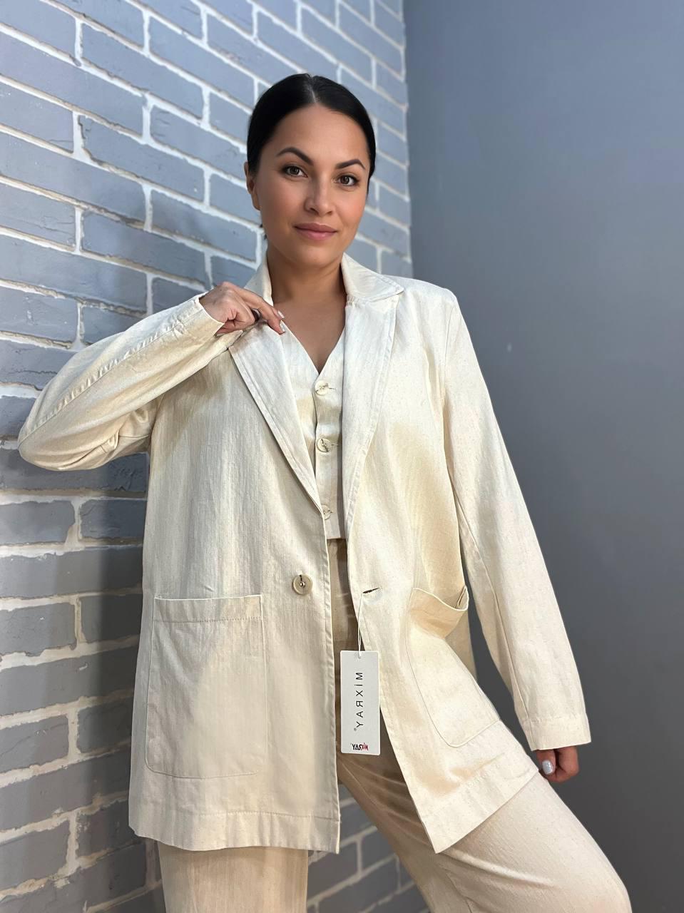 Пиджак MIX RAY 4441 удлиненный оверсайз с наложенными карманами S Молочный (2346) - фото 3