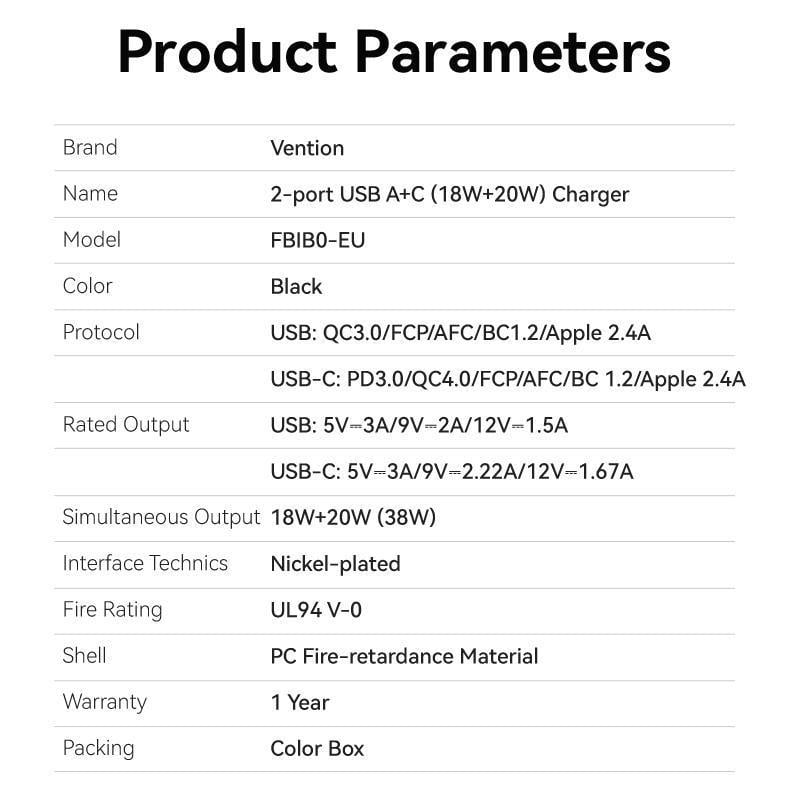 Зарядное устройство Vention 38W Type-C/USB 1.67A/12V 2-портовый USB A+C Черный (FBIB0-EU) - фото 9