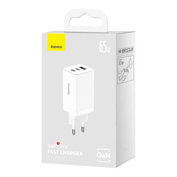 Зарядное устройство сетевое BASEUS GaN5 Pro 65 Вт 2 Type-С/USB с кабелем Type-C 1 м Белый (591408) - фото 7