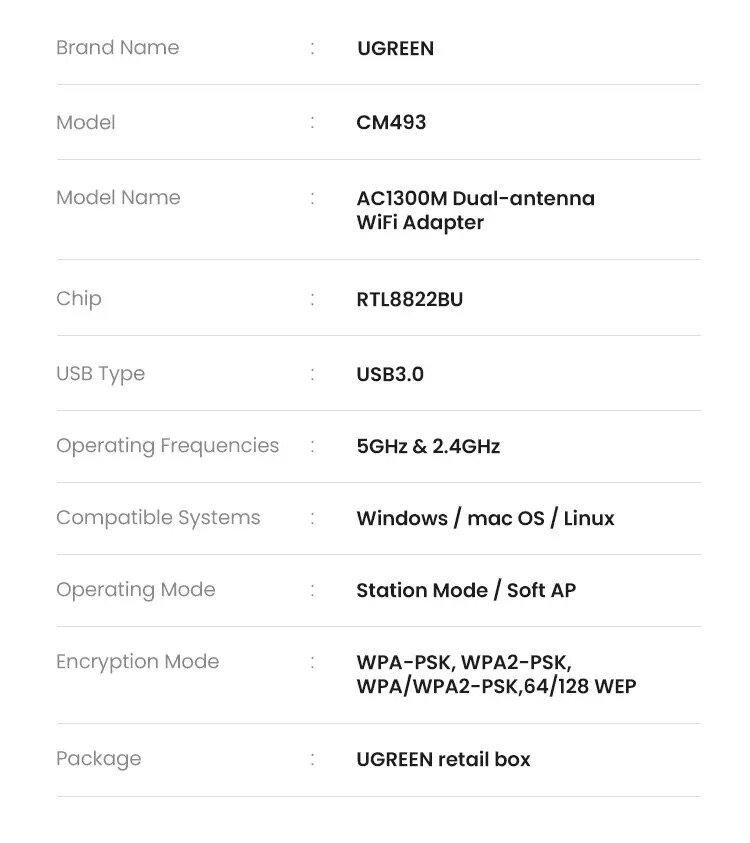 Адаптер UGREEN CM493 Wi-Fi AC1300 (50341) - фото 12