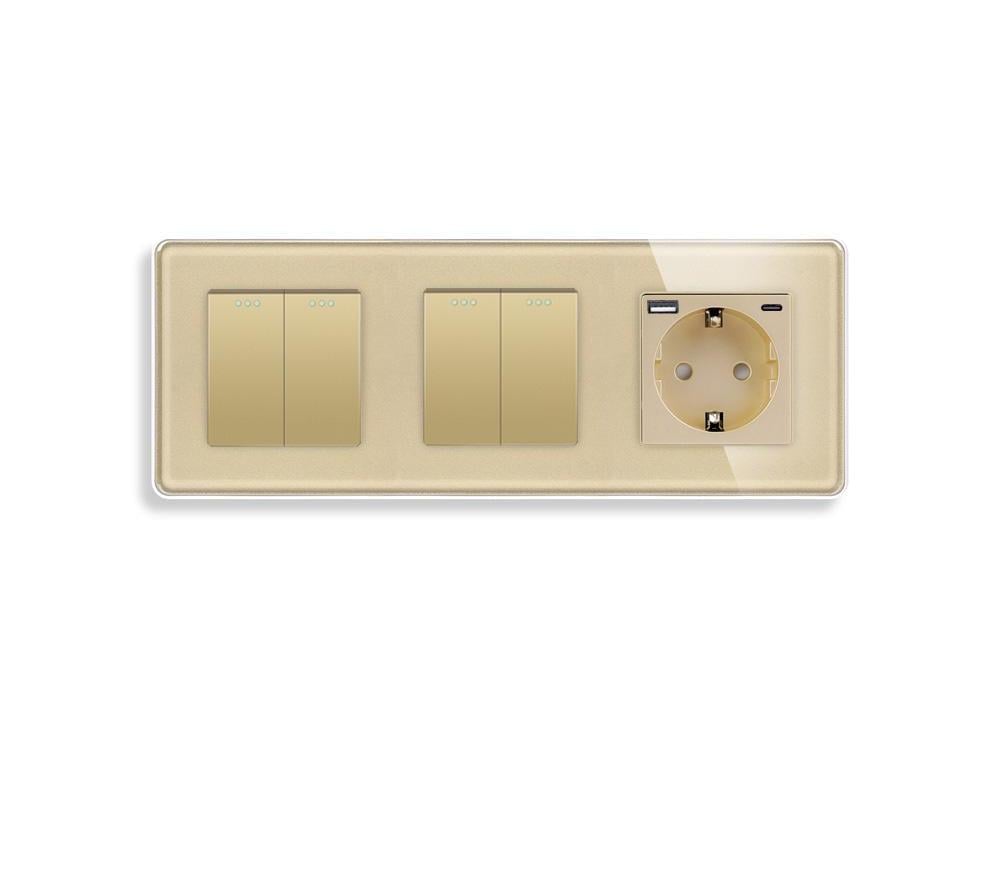 Выключатель перекрестный ELIOS 4-клавишный 2-2 с розеткой USB A+C 20Вт с заземлением 16А 230 В стекло Золотой