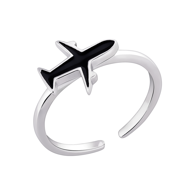 Кольцо серебряное Самолет с черной эмалью тонкое незамкнутое р. 18