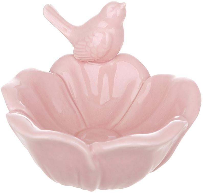 Подставка для украшений фарфоровый цветок с птичкой 12 см Розовый
