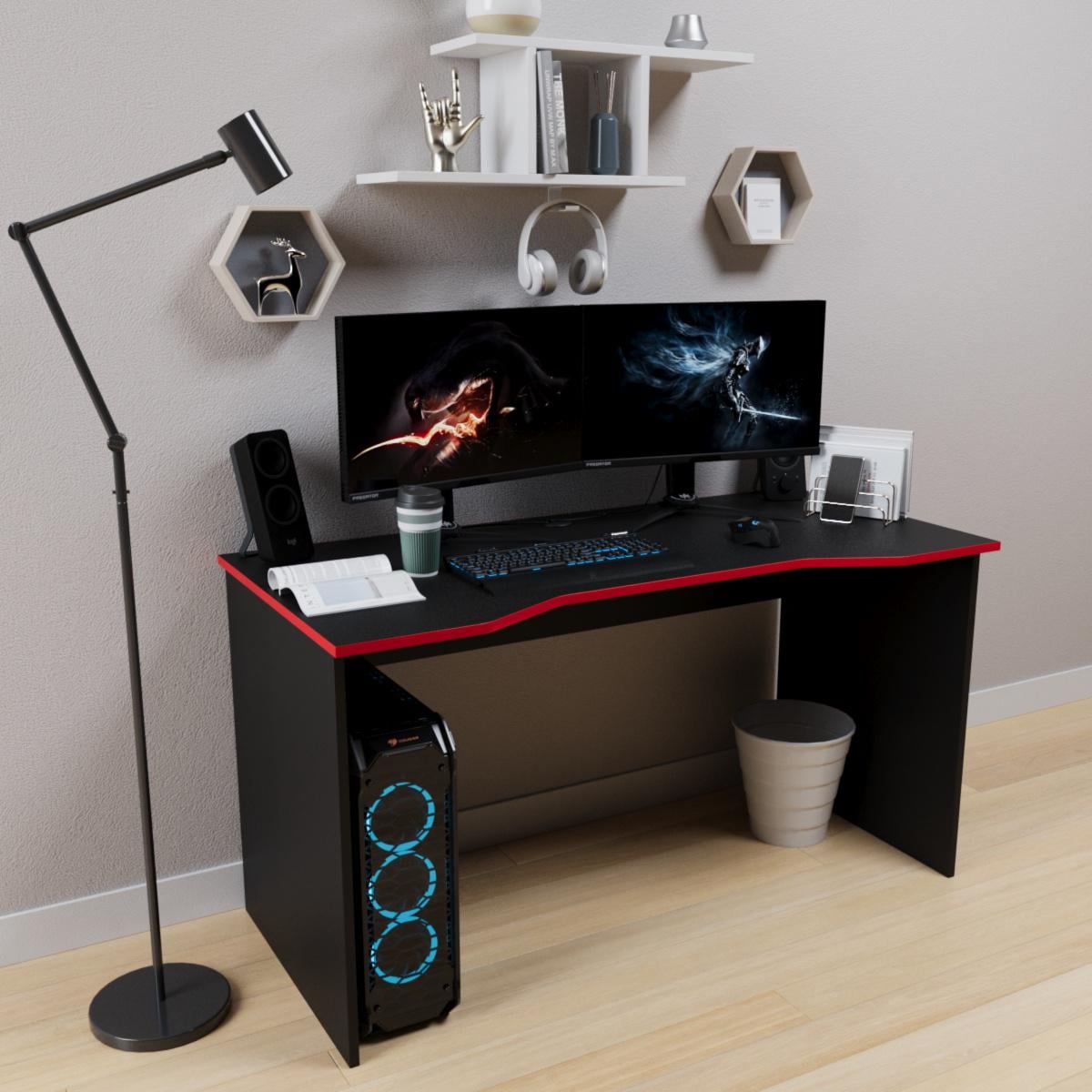 Компьютерный стол Mebellini Кратос 1450х750х600 мм Черный с красной кромкой(арт.SKEP1000-112)