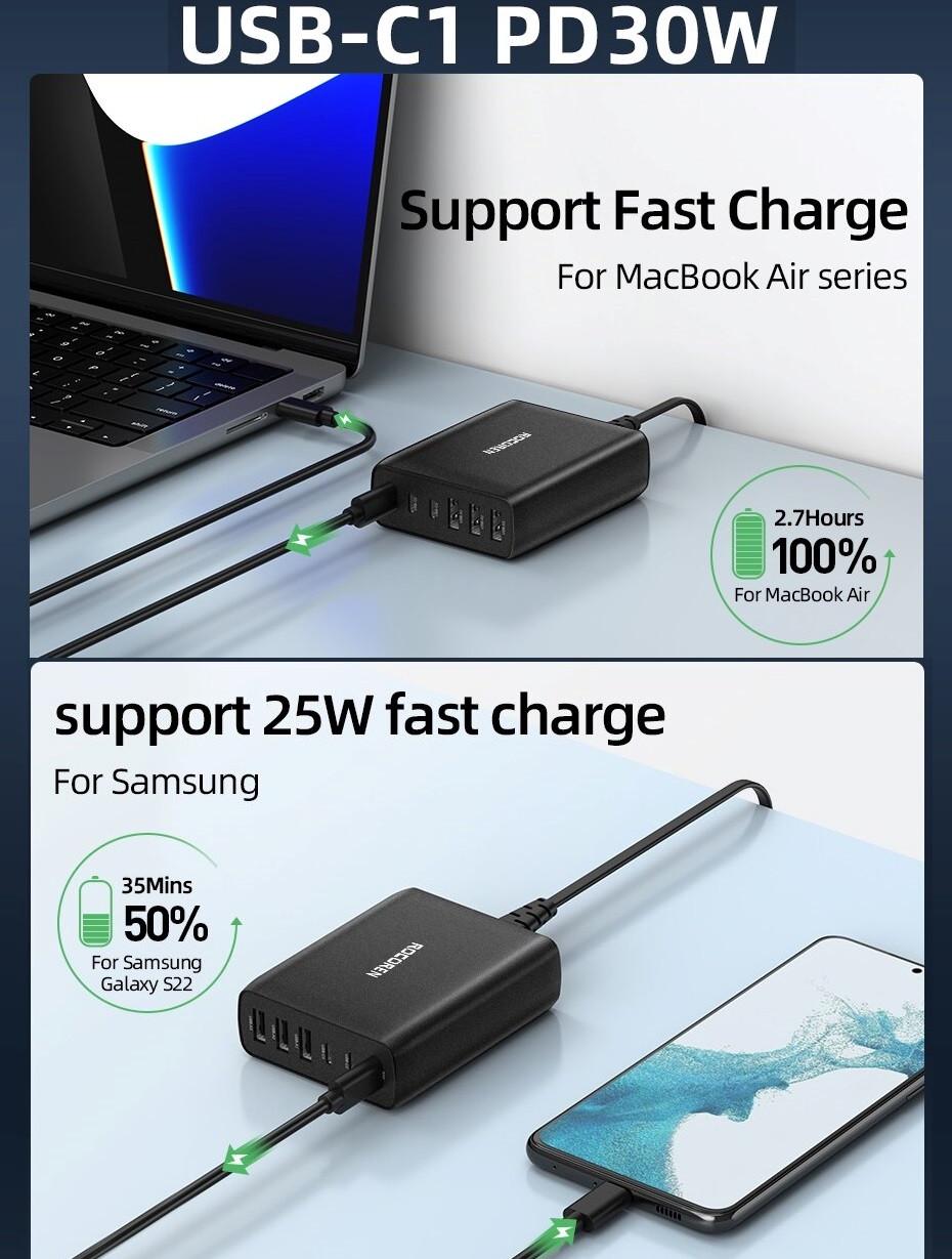Зарядний пристрій мережевий Rocoren Gan Desktop Charger 100w 3 Type-C/3 USB PD 30w (25397440) - фото 7 Зарядний пристрій мережевий Rocoren Gan Desktop Charger 100w 3 Type-C/3 USB PD 30w (25397440) - фото 7