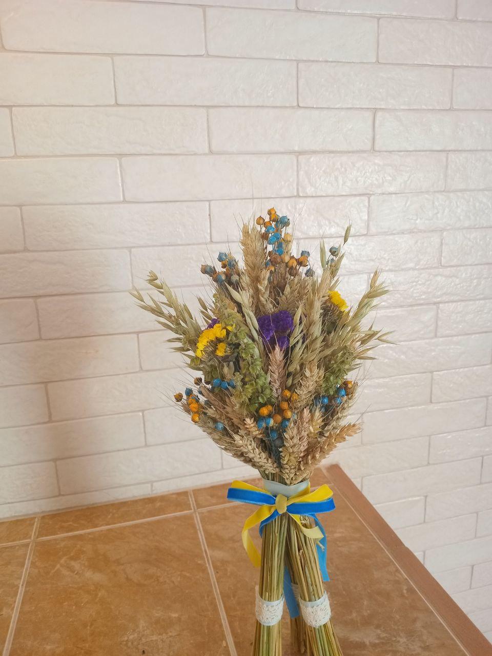 Дидух рождественский из колосья пшеницы/льна и овса на трех ножках 40-45 см с украинской лентой (2814653828) - фото 6