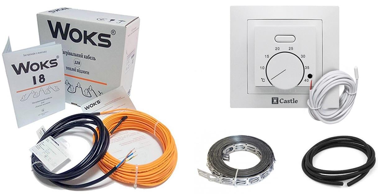 Комплект кабель нагрівальний для теплої підлоги Woks 18 220 Вт 12 м з механічним терморегулятором Castle AC308H (1956)