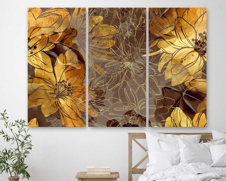 Модульная картина KIL Art Золотые цветы на холсте из трех частей 156x100 см (M3_XL_262)
