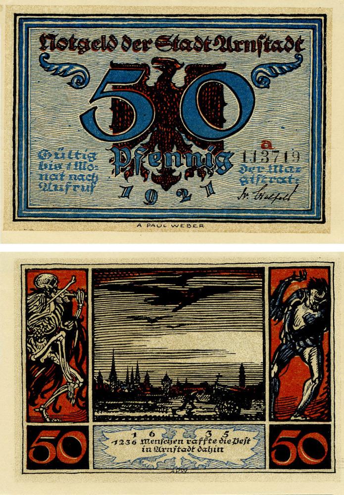 Коллекционная банкнота Германия Нотгельд 50 пфеннигов 1921 F-VF Арнштадт (Б16209)