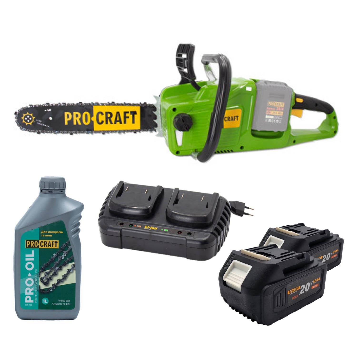 Пила акумуляторна ProCraft PCA40/2 з 2 АКБ 4Аг/ЗП charger20/2/олива для ланцюга 1 л (00000007130)