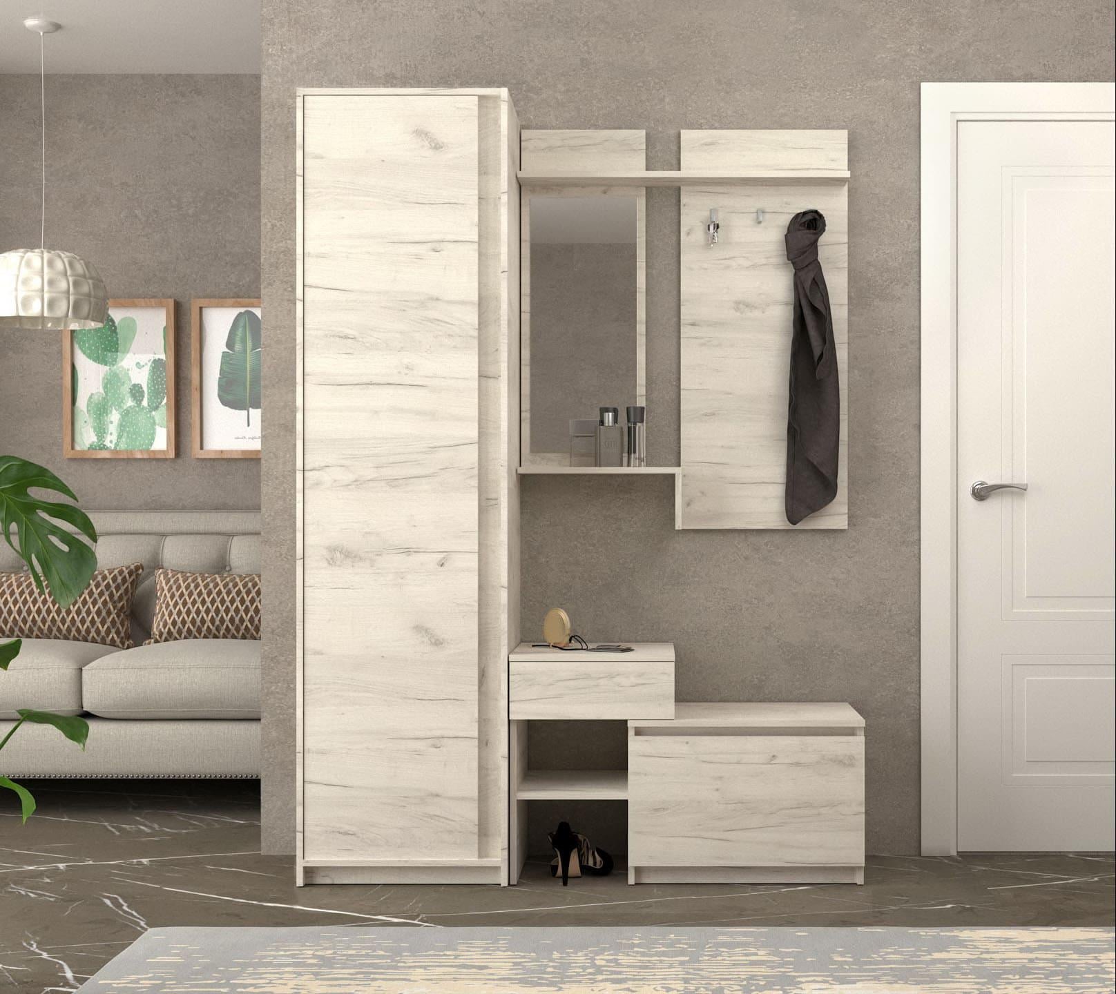 Прихожая современная в коридор Мастер Форм Брайт левосторонняя 1420х376х2000 мм Дуб крафт белый (20719)
