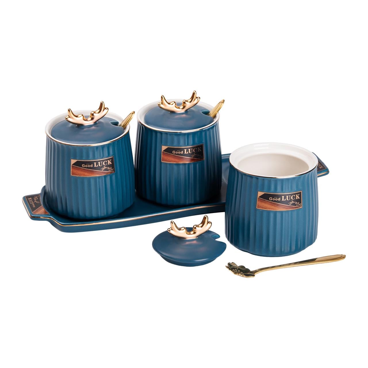 Набор банок с подставкой для сыпучих продуктов 400 мл Синий (5014)