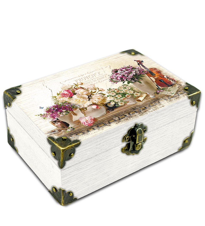 Шкатулка деревянная-эко Прованс Букет пион и скрипка 10х15 см Белый (пршк0506бф10х15)