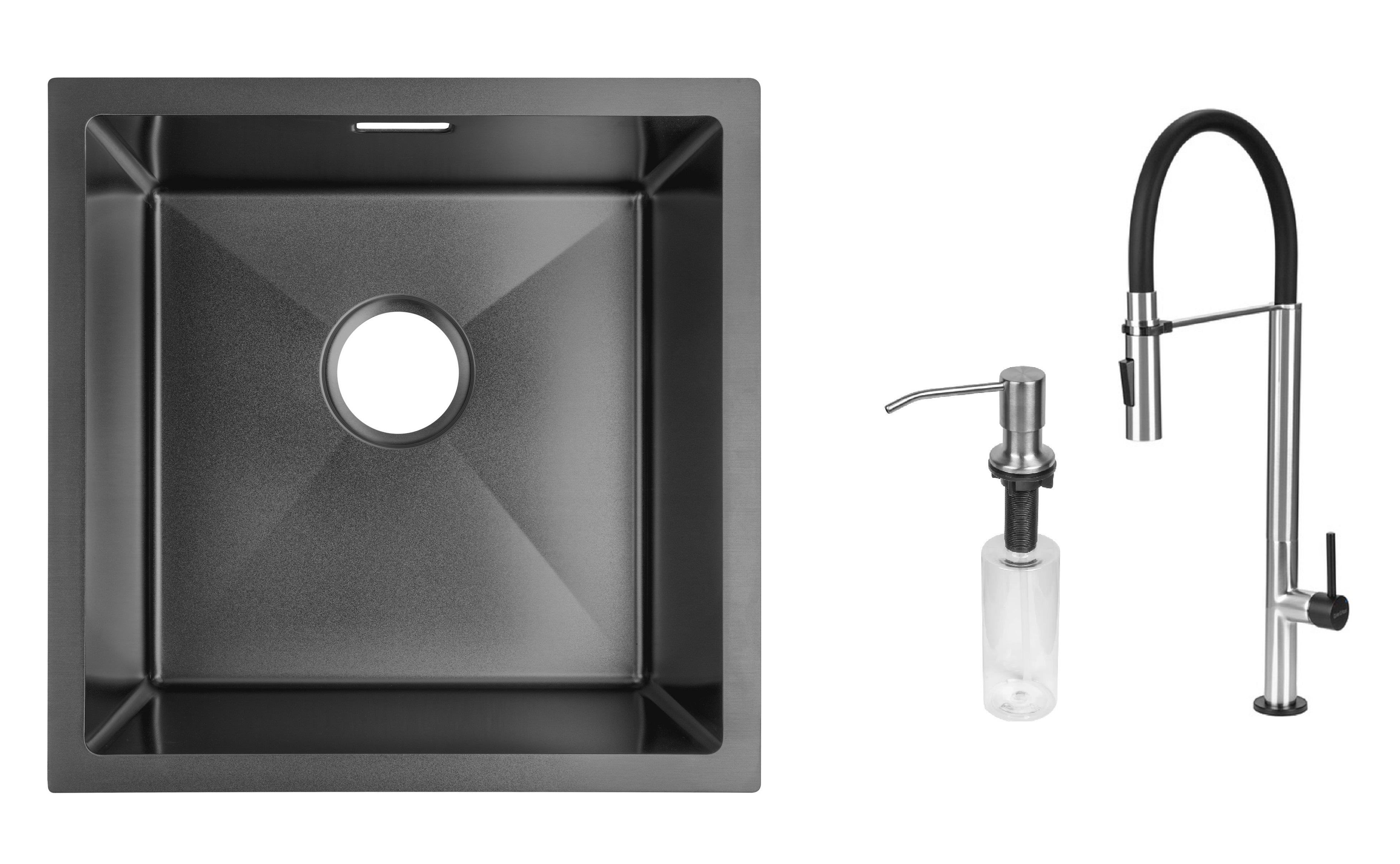 Комплект из кухонной мойки Gunter&Hauer Olef 4522 Black/смесителя Gunter&Hauer STERN Brush Black/дозатора Gunter&Hauer SOAP DISPENSER Inox