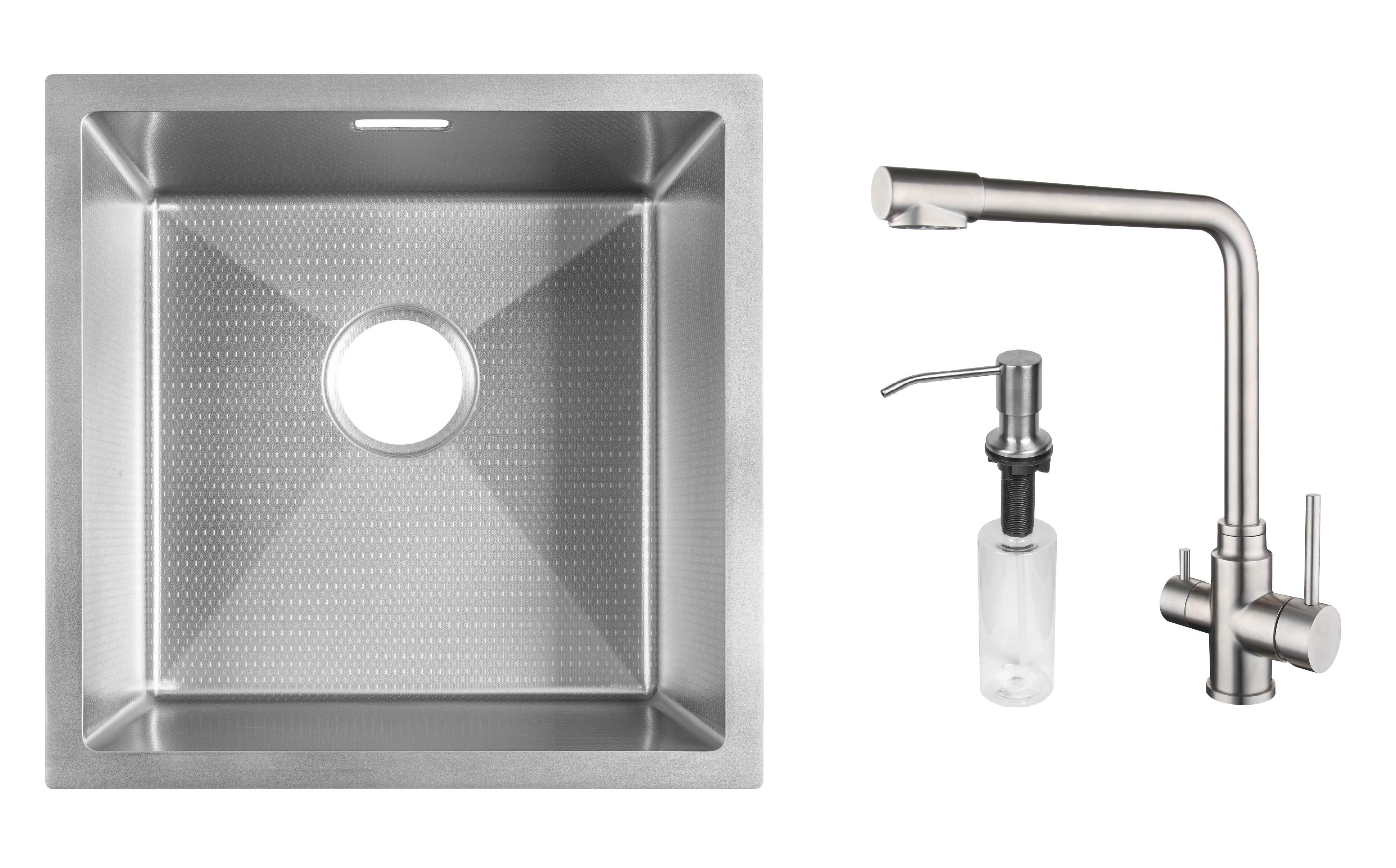 Комплект з кухонної мийки Gunter&Hauer Olef 4522 Inox Honey кухонного змішувача Gunter&Hauer LUFT Br та дозатора Gunter&Hauer Soap Dispenser Inox