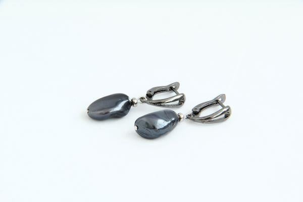 Сережки родій з натуральним чорним каменем перлами Майорка Єкатерина ручна робота (ER-0029)