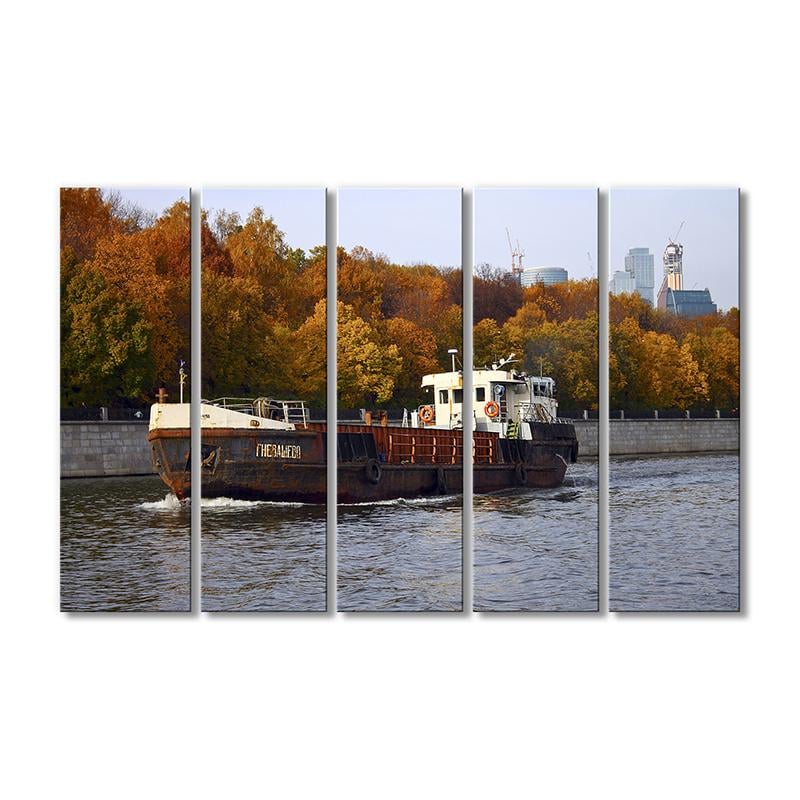 Картина модульная Буксир на реке 5 модулей 80x120 см