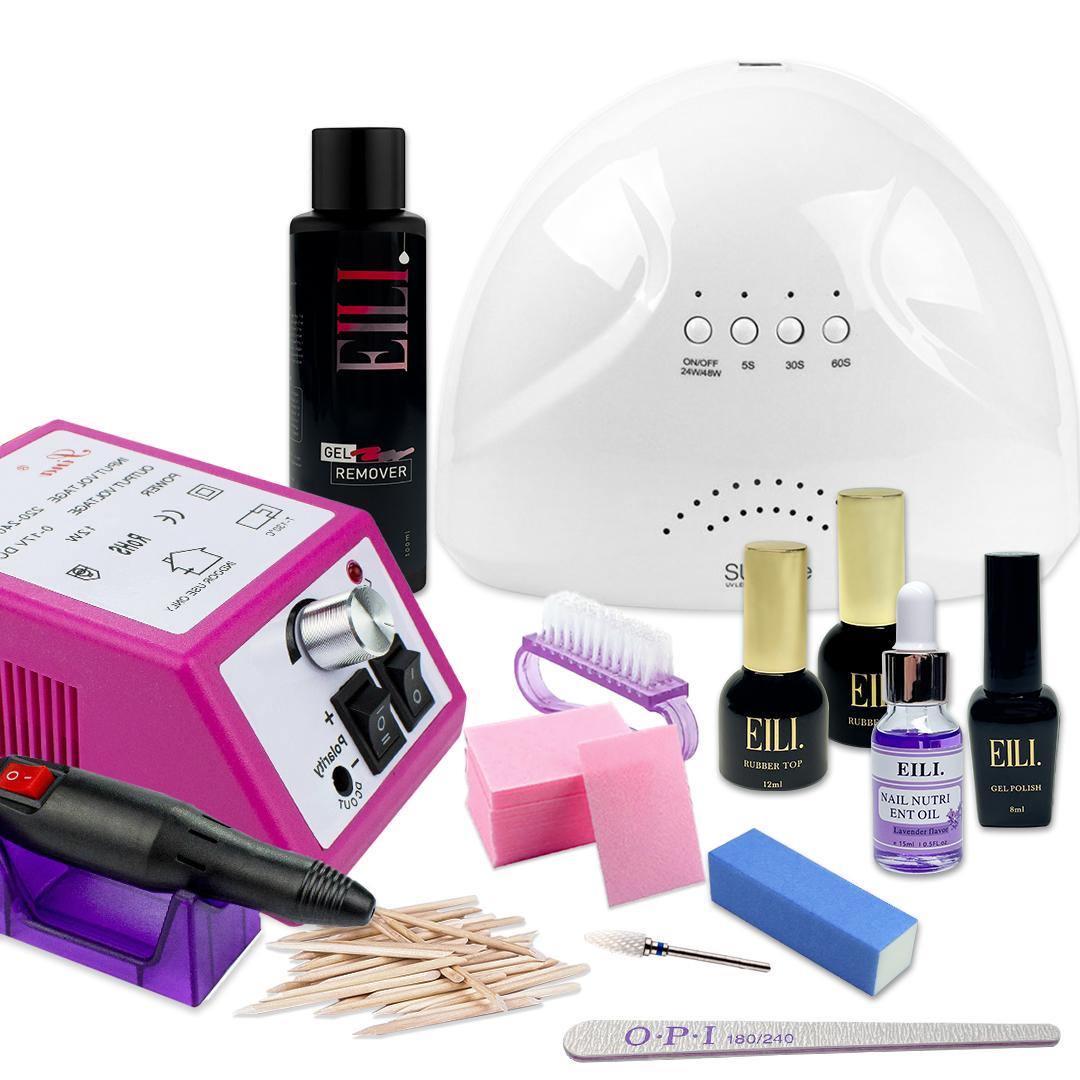Стартовый набор для маникюра и педикюра с лампой SunOne/фрезером Lina Mercedes 2000/база/топ и гель лак EILI (NDML-2)