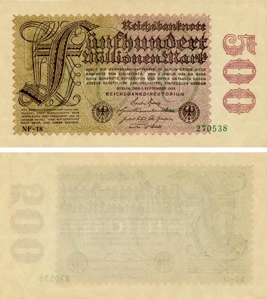 Коллекционная банкнота Германия 500000000 марок 1923 AU-UNC 500 Millionen P110d (Б17971) Коллекционная банкнота Германия 500000000 марок 1923 AU-UNC 500 Millionen P110d (Б17971)