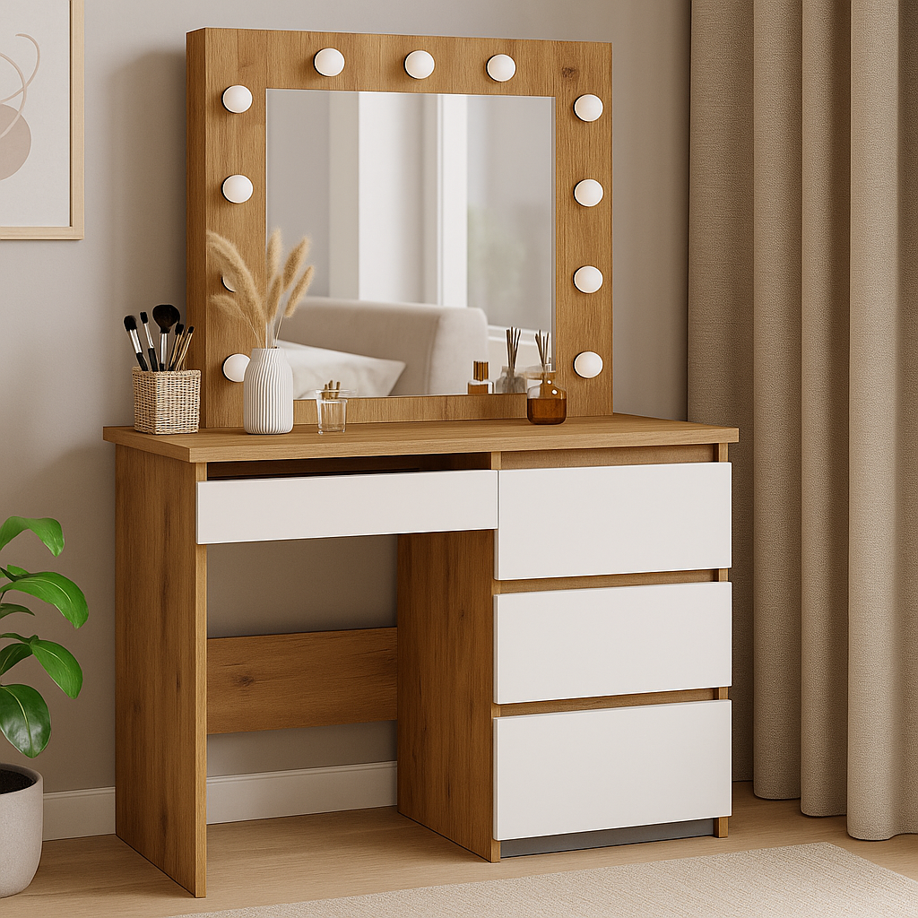 Столик для макияжа с зеркалом и подсветкой Beauty 94x140/75x43 см Дуб Эвок/Белый бриллиант (TB31070100000) - фото 4 Столик для макияжа с зеркалом и подсветкой Beauty 94x140/75x43 см Дуб Эвок/Белый бриллиант (TB31070100000) - фото 4