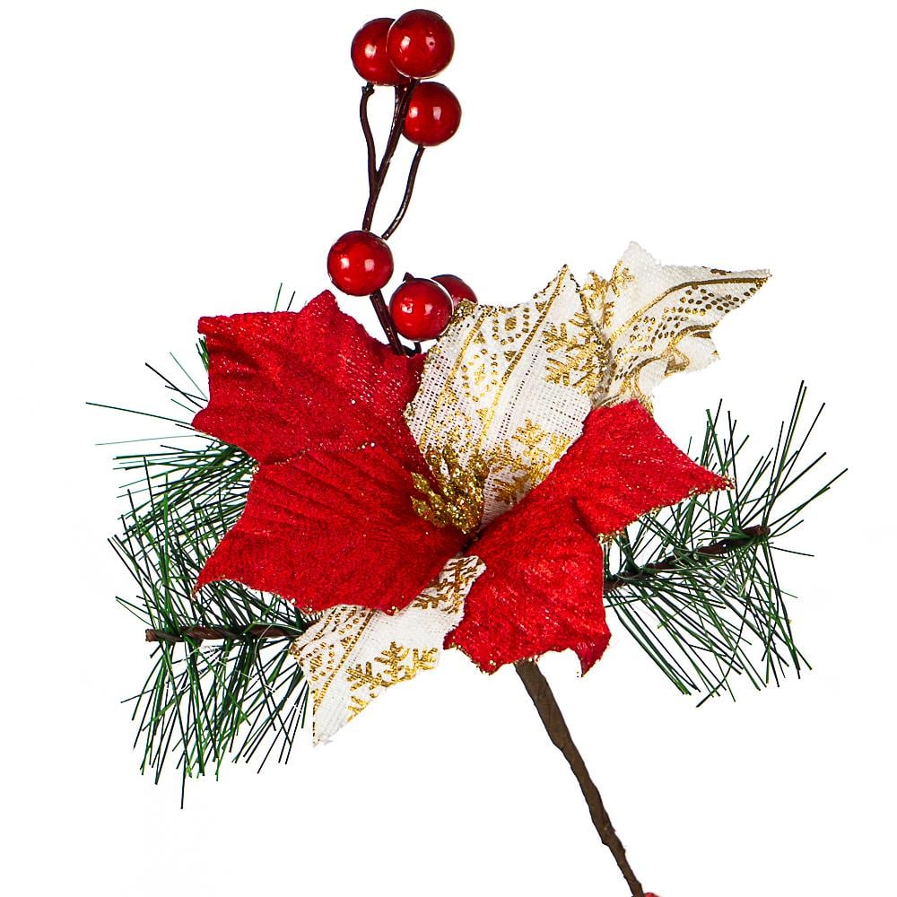 Декоративная ветка Elisey Пуансеттия красная со снежинками (022NT)