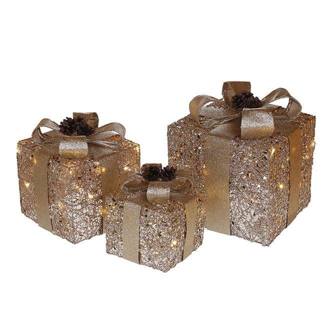 Новогодняя декорация Flora Подарки с LED-подсветкой 3 шт. Золотой (13152)