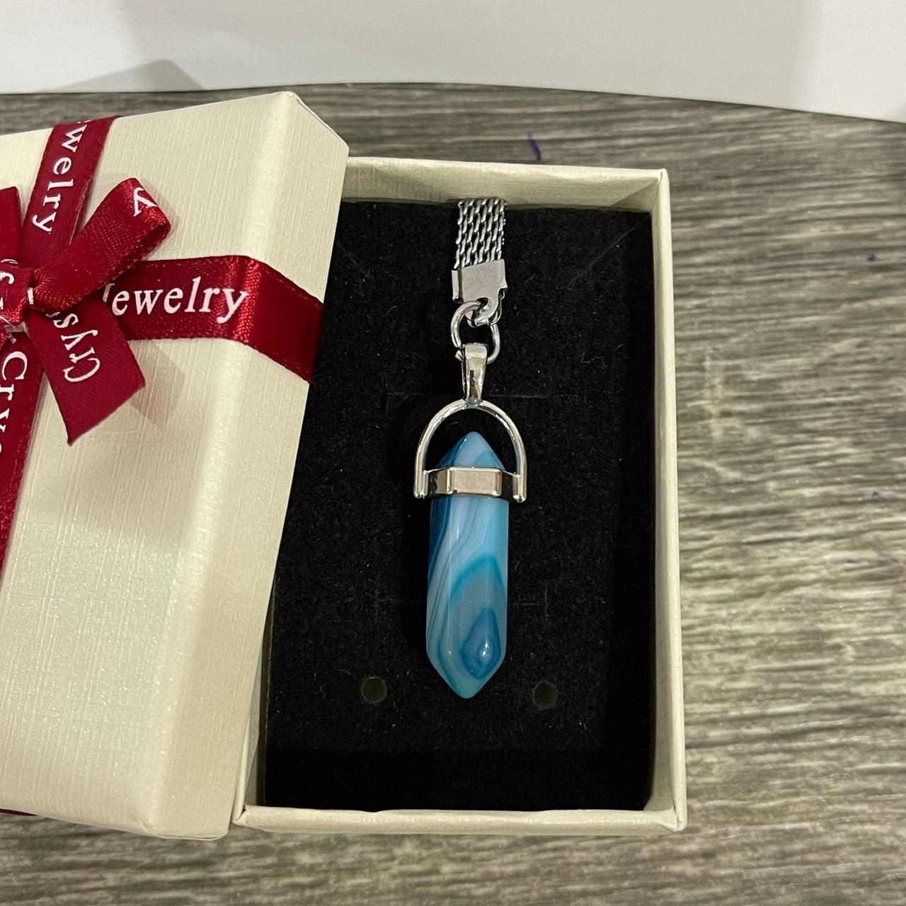 Кулон з натуральним каменем блакитний агат шестигранник 4 см на брелоку для ключів (74135777)