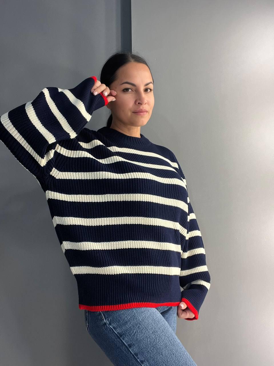 Светр жіночий MIX RAY 6635 смужка подовжений вільний крій OS Темно-синій (1042) - фото 2 Светр жіночий MIX RAY 6635 смужка подовжений вільний крій OS Темно-синій (1042) - фото 2