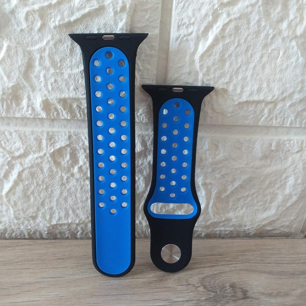 Ремешок для часов Apple Watch аналогов Apple Watch силиконовый 42-44 мм Черный с синим (KG-6401) - фото 3 Ремешок для часов Apple Watch аналогов Apple Watch силиконовый 42-44 мм Черный с синим (KG-6401) - фото 3