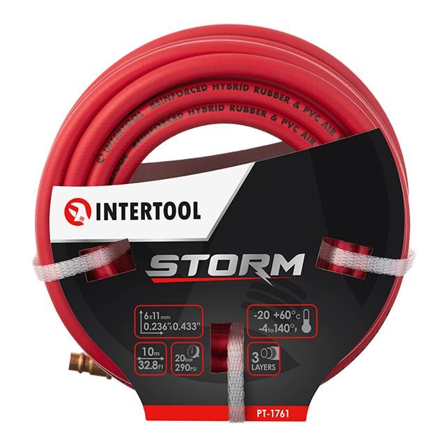 Шланг гібридний професійний Intertool 20 атм 6х11 мм 10 м з латунними швидкороз'ємними з'єднаннями STORM (PT-1761)