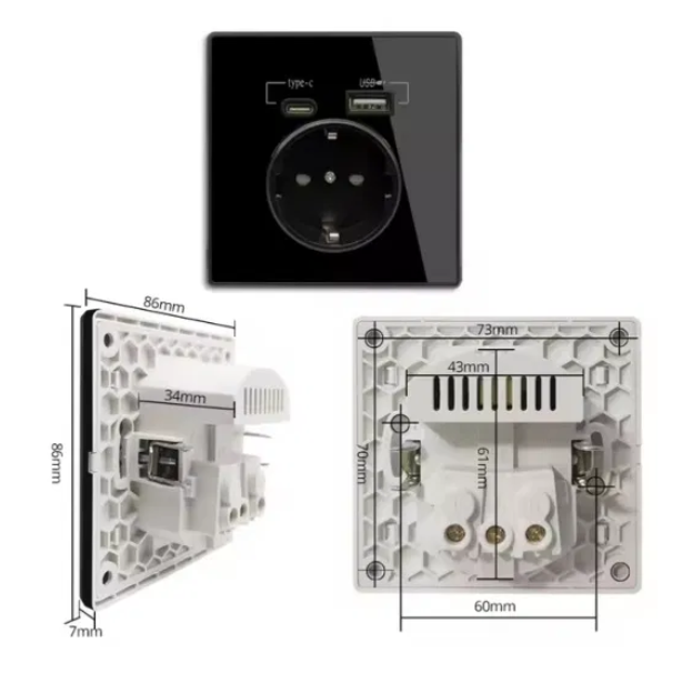 Розетка 220В с заземлением Type-C/USB 2100мА (28209011) - фото 2 Розетка 220В с заземлением Type-C/USB 2100мА (28209011) - фото 2