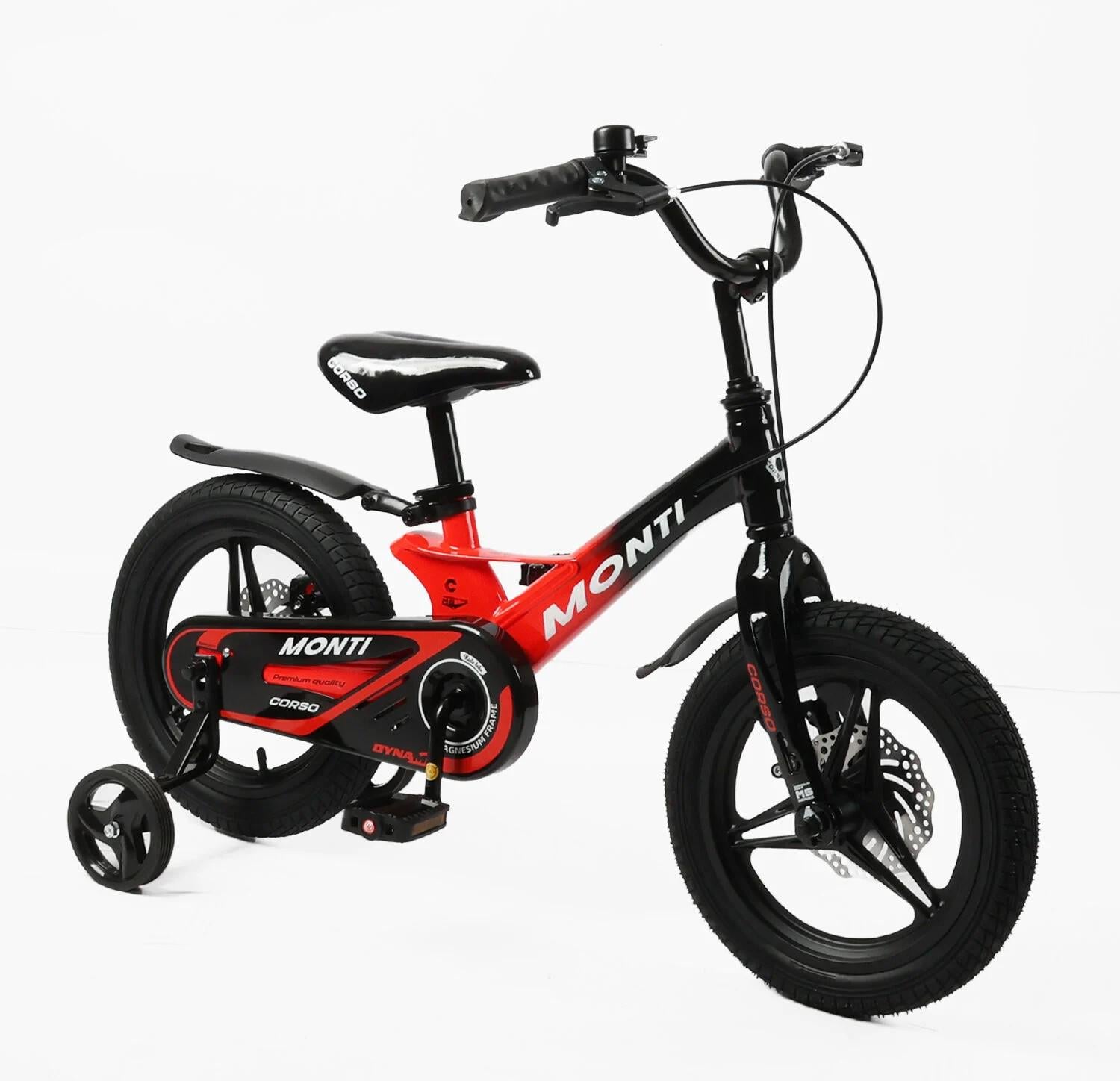 Детский велосипед Corso Monti двухколесный 14" с дополнительными колесами Красный (MT-14887)