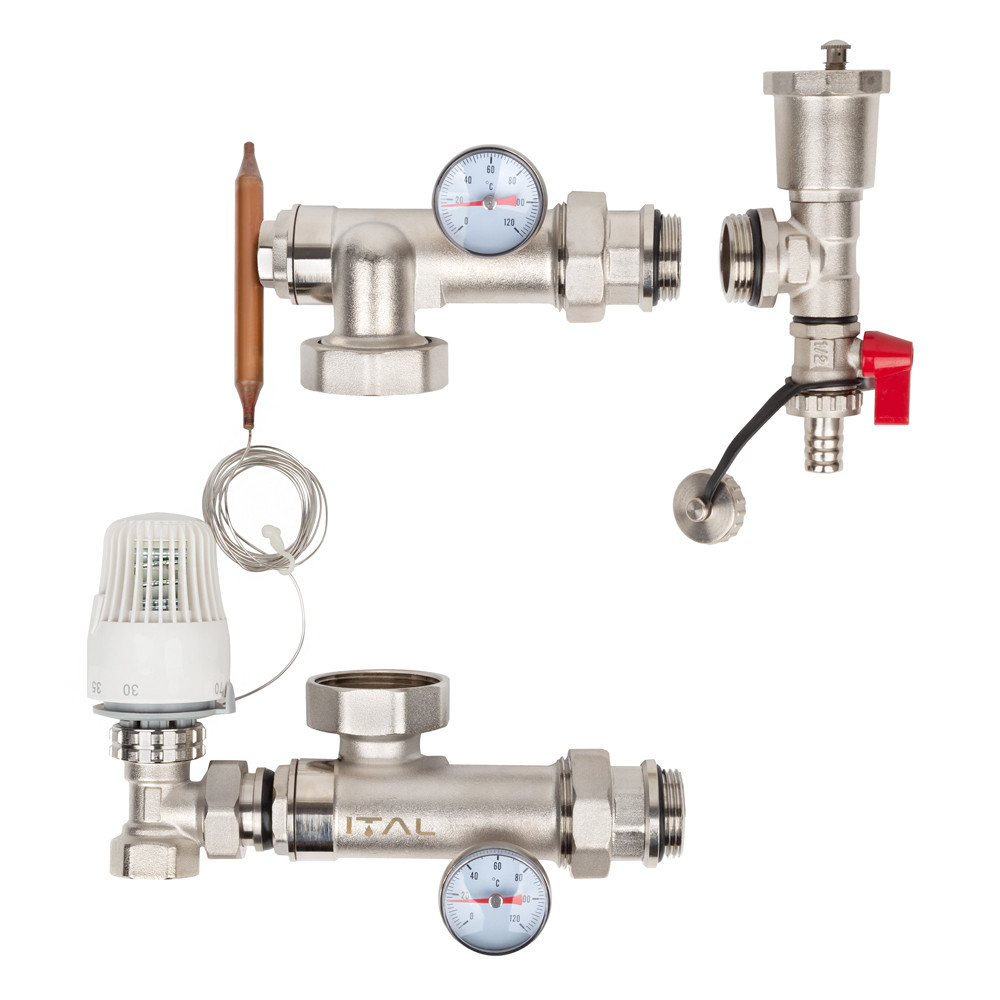 Насосно-змішувальний вузол для теплої підлоги ITAL MG1-B 1"x3/4" термостатичний клапан кутовий без насосу (SQ-1047065)