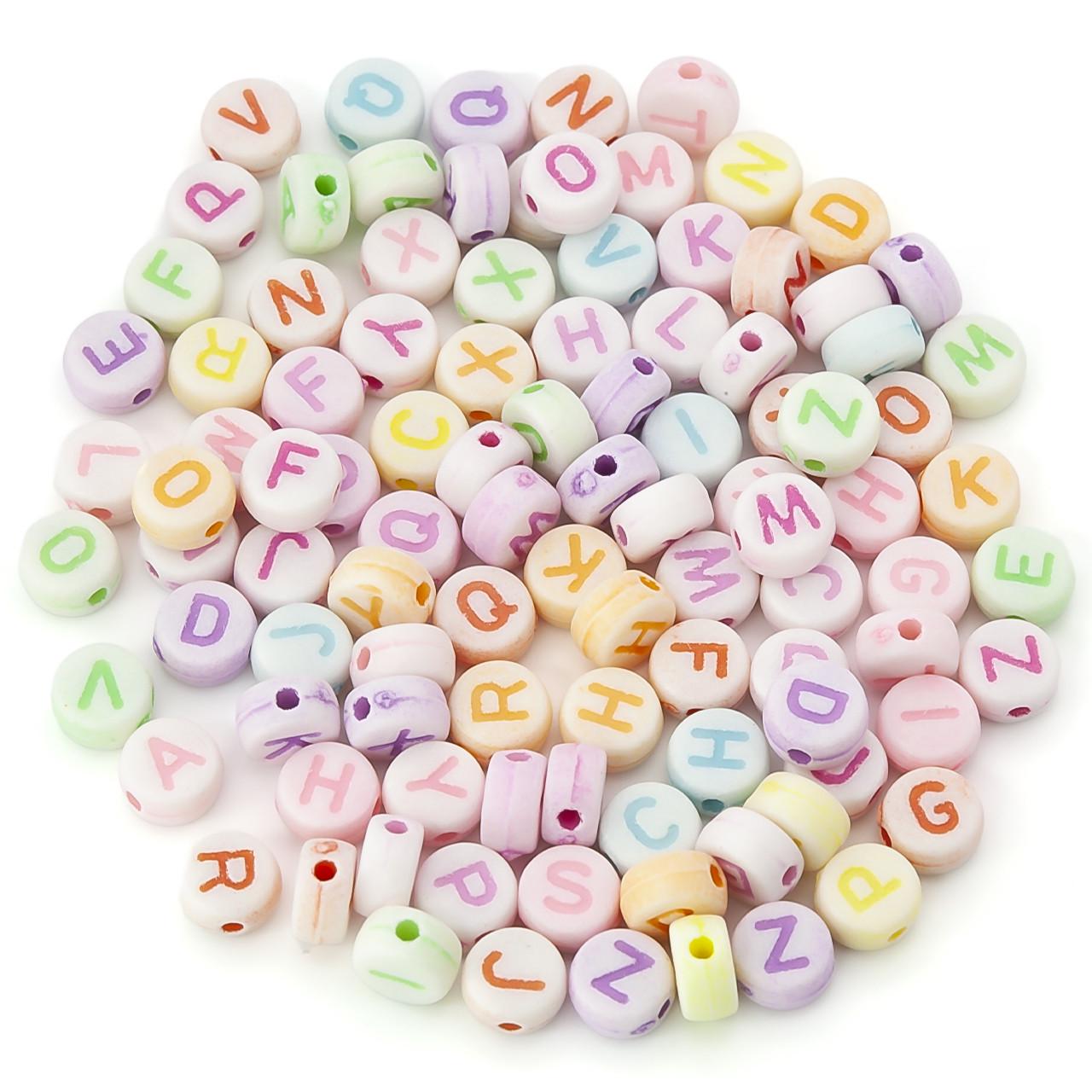 Бусины пластиковые Алфавит ABC в форме таблетки разноцветные буквы 7х4 мм 25 г 180 шт. Белый (БП0704т54)