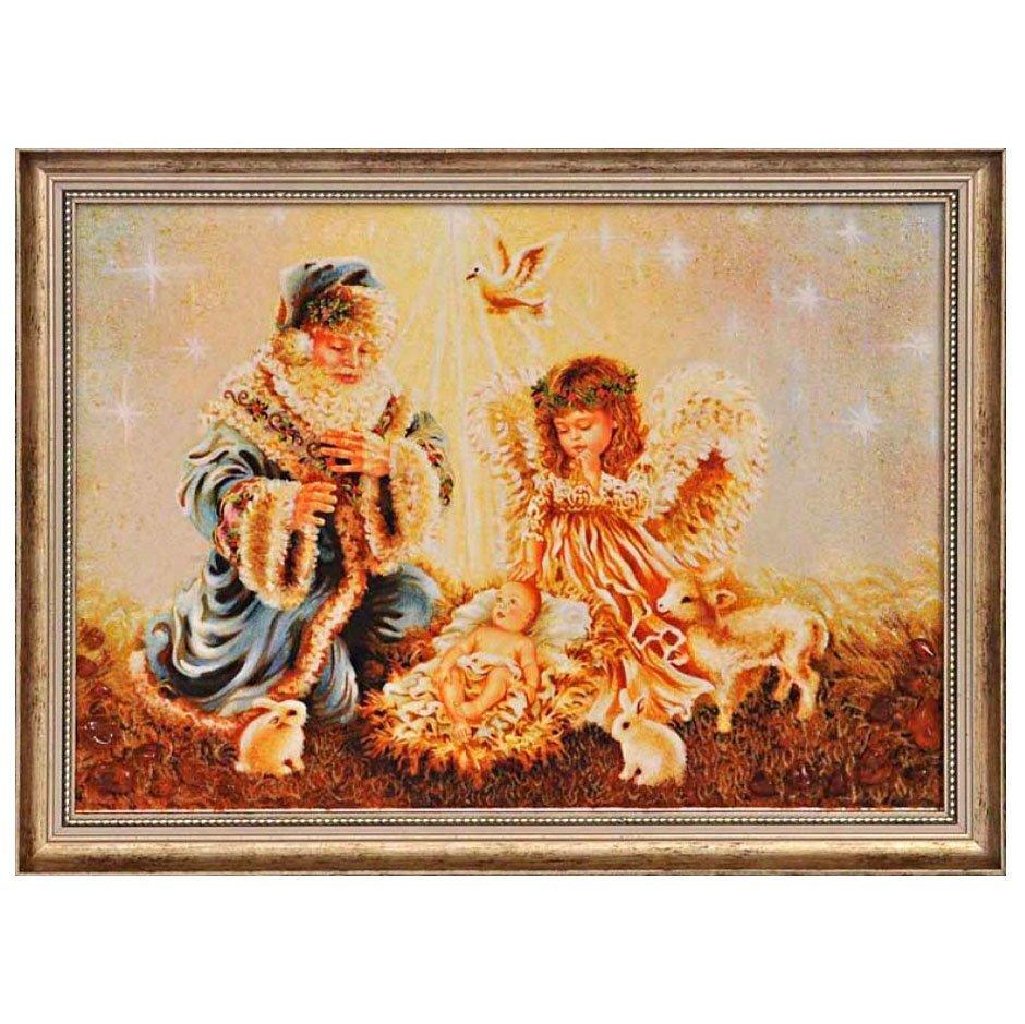 Картина Святой Николай с детьми из янтаря 30х40 см (К0058-30х40)